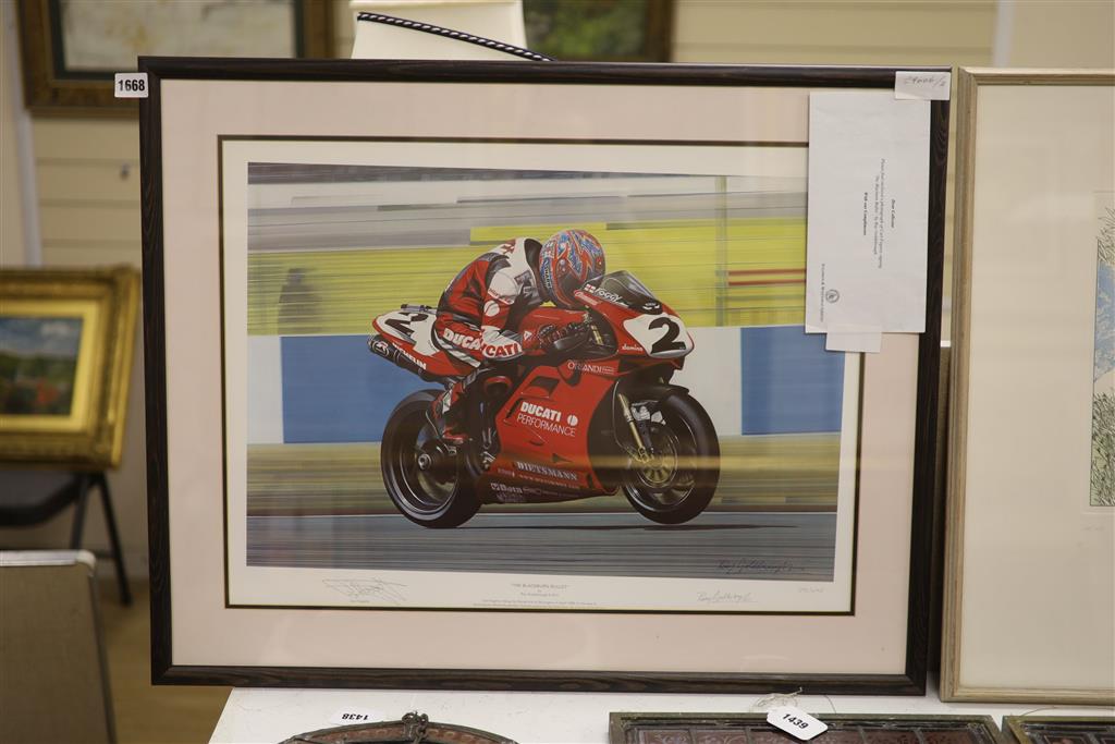 Ray Goldsbrough, limited edition print, The Blackburn Bullet (Carl Fogarty), signed by artist and rider, 392/495, 44 x 59cm